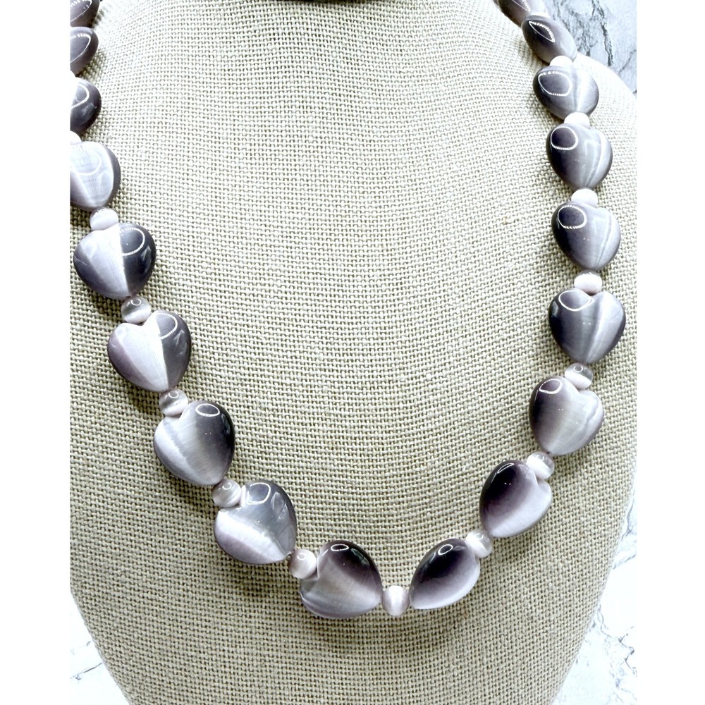Plum Purple Glass Heart Bead Necklace 17" Romantic Vintage Style Jewelry